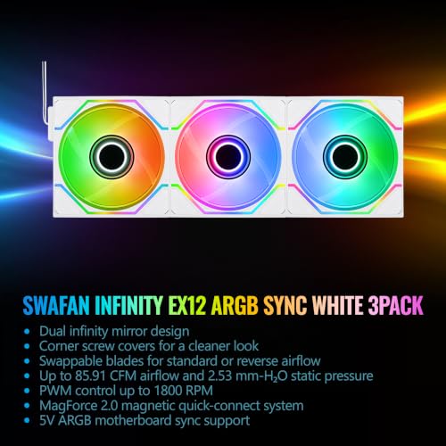 Image of Thermaltake SWAFAN 120 EX INFINITY ARGB; Infinity Mirror Hub & Frame; 120mm x 28mm; 500~2000 RPM; MagForce 2.0; Swappable Blades; 5V 3-Pin Motherboard Sync; Screw Covers; 3-Pack;White;CL-F254-PL12SW-A