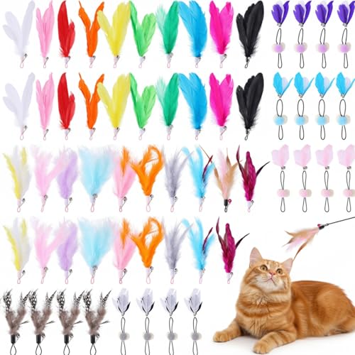 JolliLudo 60 Pcs Cat Wand Feather Toys Refill Colorful Cat Wand Replacement Feathers Toy for Interactive Kitten Fishing Pole Feather Attachments with Bells for Indoor Stray Cats to Exercise and Play