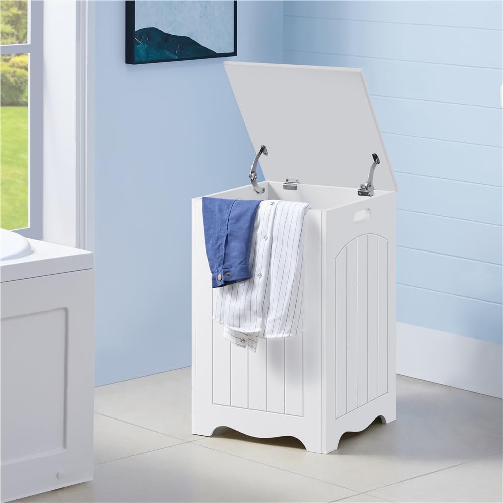 Yaheetech Wäschekorb Wäschesammler Wäschesack Wäschetruhe mit Deckel, 96L Wäschesortierer Wäschetonne Wäscheschrank Badschrank für Waschküche Schlafzimmer Badzimmer, LBH: 39.5x39.5x61 cm, Holz, Weiß
