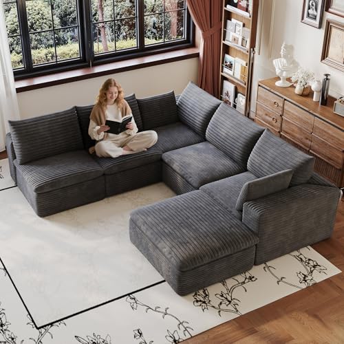 Image of 103 inch Cloud Couch Modular Sectional Sofa for Living Room, U-Shape Boneless Couch with Deep Seat, Modern Corduroy 5-Seater with Ottoman, No Assembly Required, Dark Grey