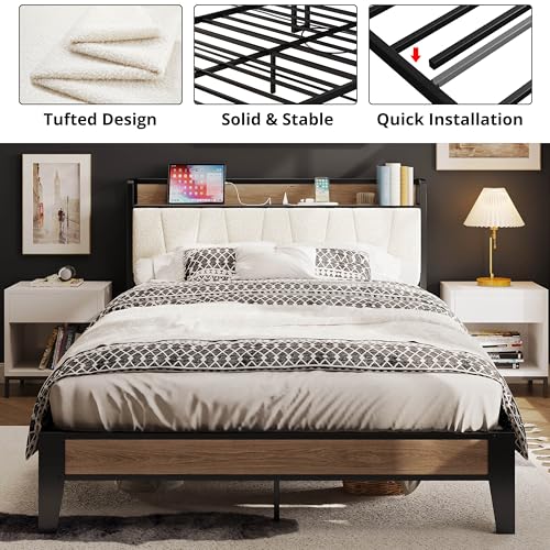 LIKIMIO Full XL Bed Frames, Storage Headboard with Charging Station, Solid and Stable, Noise Free, No Box Spring Needed, Easy Assembly, Wood and Cream
