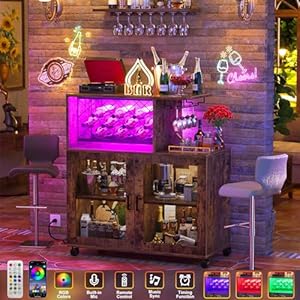 Wine Bar Cabinet with Wheels, Small Liquor Cabinet with LED Light, Home Bar Cart with Power Outlets, Coffee Bar with Wine Rack, Glasses Storage for Kitchen, Dining Room, Living Room, Vintage Wine Bar Cabinet with Wheels Small Liquor Cabinet with LED Light Home Bar Cart with Power Outlets Coffee Bar with Wine Rack Glasses Storage for Kitchen Dining Room Living Room Vintage