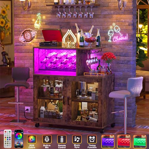Wine-Bar-Cabinet-with-Wheels-Small-Liquor-Cabinet-with-LED-Light-Home-Bar-Cart-with-Power-Outlets-Coffee-Bar-with-Wine-Rack-Glasses-Storage-for-Kitchen-Dining-Room-Living-Room-Vintage Wine Bar Cabinet with Wheels Small Liquor Cabinet with LED Light Home Bar Cart with Power Outlets Coffee Bar with Wine Rack Glasses Storage for Kitchen Dining Room Living Room Vintage