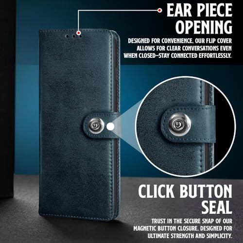 Image of WOW IMAGINE Shock Proof Flip Cover Back Case for Apple iPhone 7 Plus | 8 Plus (Designer Magnetic Button Flip Case | Inbuilt Wallet Pockets & Stand | Leather Finish | Oxford Blue)