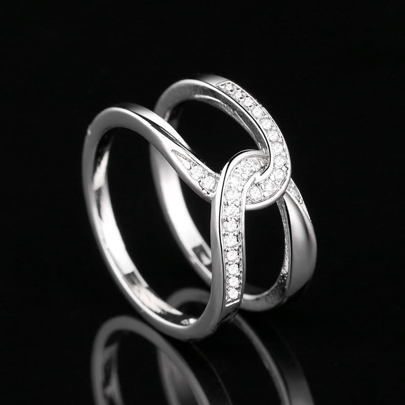 Gziweuwi Women's 925 Sterling Silver Moissanite Ring Full Diamond Double C Cross Design Ring White Gold Plated Copper Zirconia Ring for Women 7