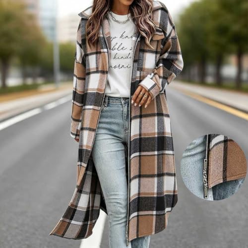 Aymnlox Womens Long Plaid Shacket Jacket Full Zip Fall Casual Trench Coat - image 8