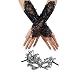 CSPRING Black Lace Masquerade Fingerless Pearls Satin Embroidered Bridal Gloves with Phoenix Lace Mask for Wedding Banquet Party Costume