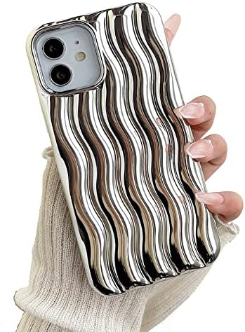LEMONCOVER for iPhone Case Cute 3D Wave Shape Curly Frame Edge Design Soft Silicone Protective Bumper Women Girl Slim Shockproof (Shiny Plated Silver,iPhone 13 Pro Max)