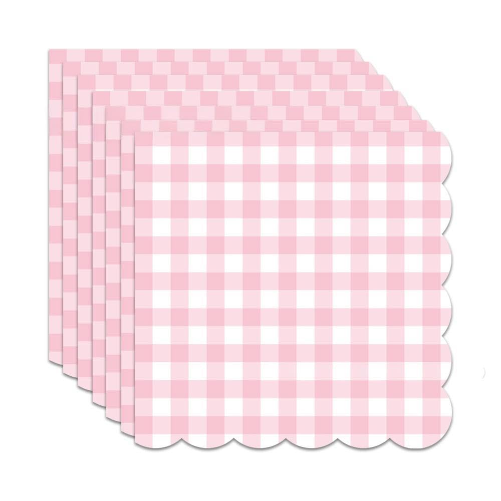 40PCS Light Pink Gingham Scalloped Napkins – Disposable Cocktail Paper Napkins with Elegant Pastel Checkered Design for Wedding, Birthday, Baby Shower, Dinner & Party Table Decorations