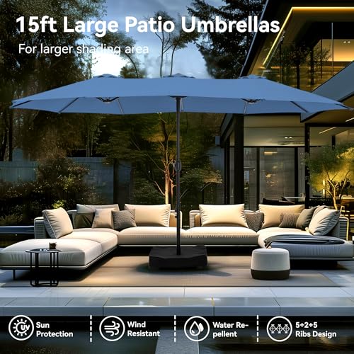 Image of PHI VILLA 15ft Large Outdoor Patio Umbrella with Base Included, Haze Blue