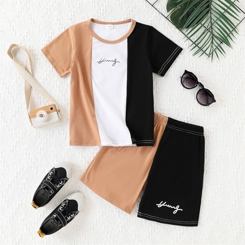 Image of Ayzozuy Boy Clothes Colorblock Top + Drawstring Waist Shorts 2 Pieces Kid Summer Outfits Set