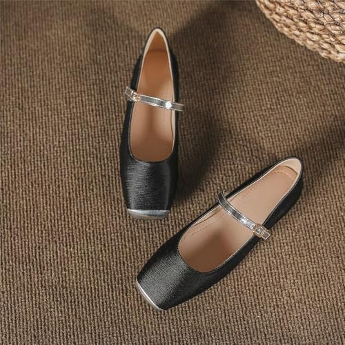 Stunner Women's Black Flats Fashion Square Toe Flat Shoes Soft Slip On Mary Jane Flats Black 42(9.5) 24