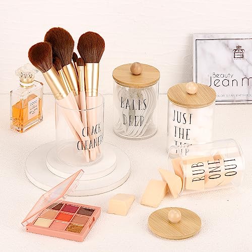 Image of Tbestmax 4 Pack Qtip Holder with Bamboo Lids, 10 oz Bathroom Organizer Accessories Storage Containers Clear Plastic Apothecary Jars for Cotton Ball, Cotton Swab, Floss