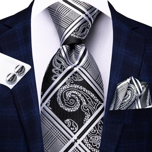 Image of Hi-Tie 3 Pcs Gift Box Mens Tie Set Necktie with Pocket Square Cufflinks Lapel Pin Silk Neck Tie Collection