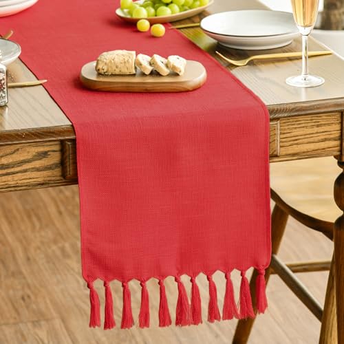 Artoid Mode Camino de mesa de estilo rústico rojo con borlas, lavable, decoración de cocina, fiesta, cumpleaños, boda, decoración, 33 x 143 cm