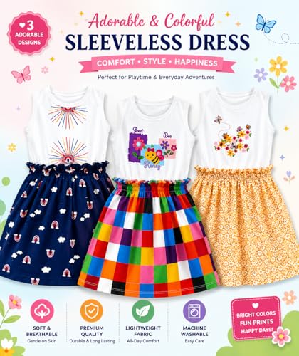 Image of EIO Girls Cotton Frock Dress Combo Pack et | Multicolor Knee Length Casual Dresses for Kids | Soft & Breathable Summer Wear Outfit Frock Set