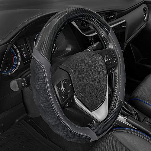 Image of Motor Trend UltraSport Gray Carbon Fiber Steering Wheel Cover, Standard 15 inch Size, Black Faux Leather Comfort Grip, Car Steering Wheel Cover for Auto Truck Van SUV