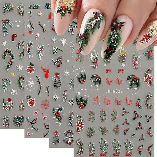 Christmas Nail Art Stickers, 5D Embossed Holly Leaf Nail Decals