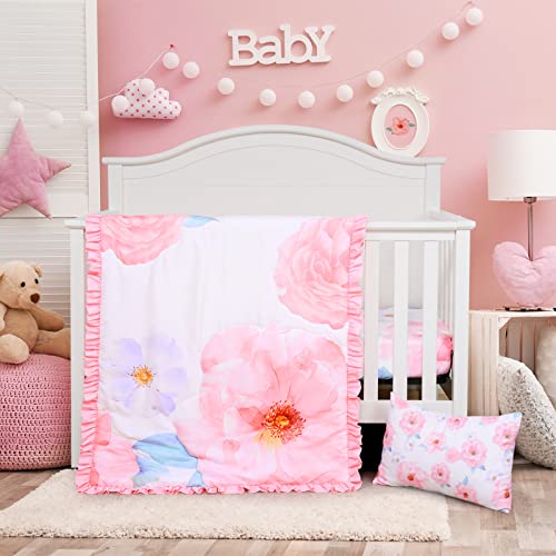 UOMNY Crib Bedding Set for Girls Floral Baby Girl Crib Bedding Sets 3-Piece Crib Comforter Set with Watercolor Flower Crib Blanket Quilt Fitted Crib Sheet Toddler Pillowcase Pink Crib Set for Girls