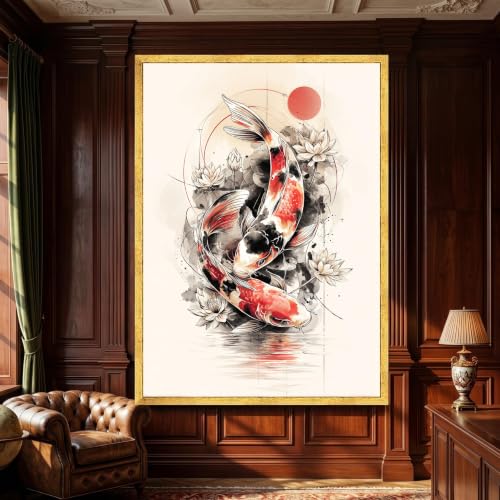 Toile de carpes koï vintage effet reflet dans l'eau art mural japonais