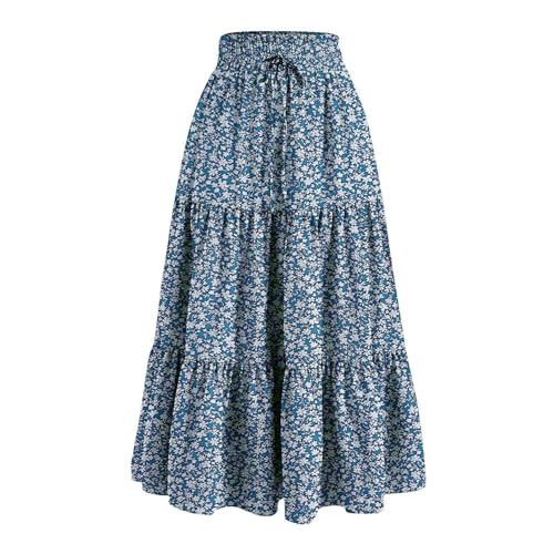 Women's Smocked High Waist Maxi Boho Skirts Casual Beach Vacation Long Skirt with Pockets A-Line Flowy Swing Skirts