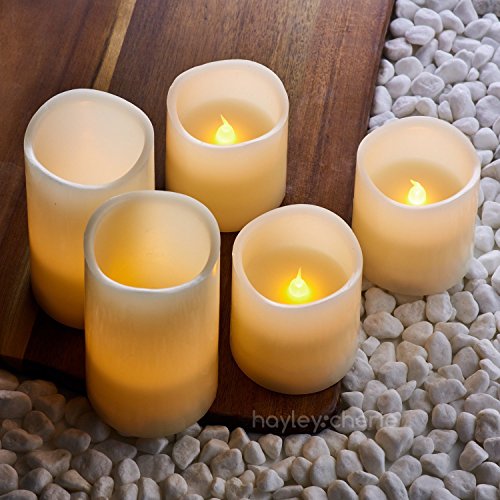 Hayley Cherie - Real Wax Flameless Candles with Timer (Set of 5) - LED Candles 5” and 3” Tall - Flickering Amber Flame - Battery Operated Pillar Candles – Large Unscented (Ivory)
