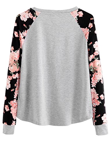 Romwe Women's Long Sleeve Top Casual Floral Print T-Shirt Tee Grey XL