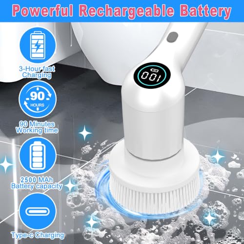 Image of Electric Spin Scrubber, 44 in-lbs High Torque Shower Scrubber & LED Display, 6 in 1, Variable Speed Cordless Shower Cleaner Brush for Cleaning Bathroom, Kitchen, Toilet, Bathtub, Car