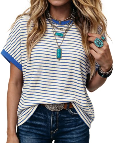 Womens Short Sleeve Summer Tops Crochet Striped T Shirts Color