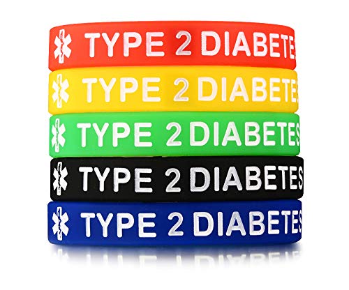 Mealguet Jewelry 5 Pack Assorted Colors Medical Alert ID¡° Type 2 Diabetes¡± Silicone Bracelets Wristband for Men,7.5