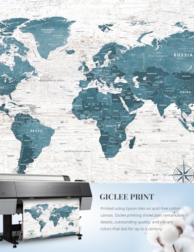 Image of IPIC - Vintage Teal World Map Canvas Wall Art, Push Pin World Map to Track Your Travels, Rustic Style Wall Decor for Home, Office, Living Room or RV, Ready to Hang, Made in USA