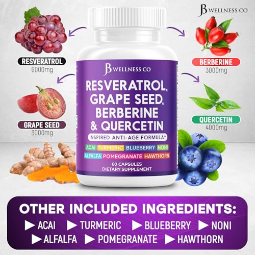 jb wellness resveratrol grape seed extract berberine quercetin - polyphenol supplement for women and men with noni extract n-acetyl cysteine acai extract - 120 capsules