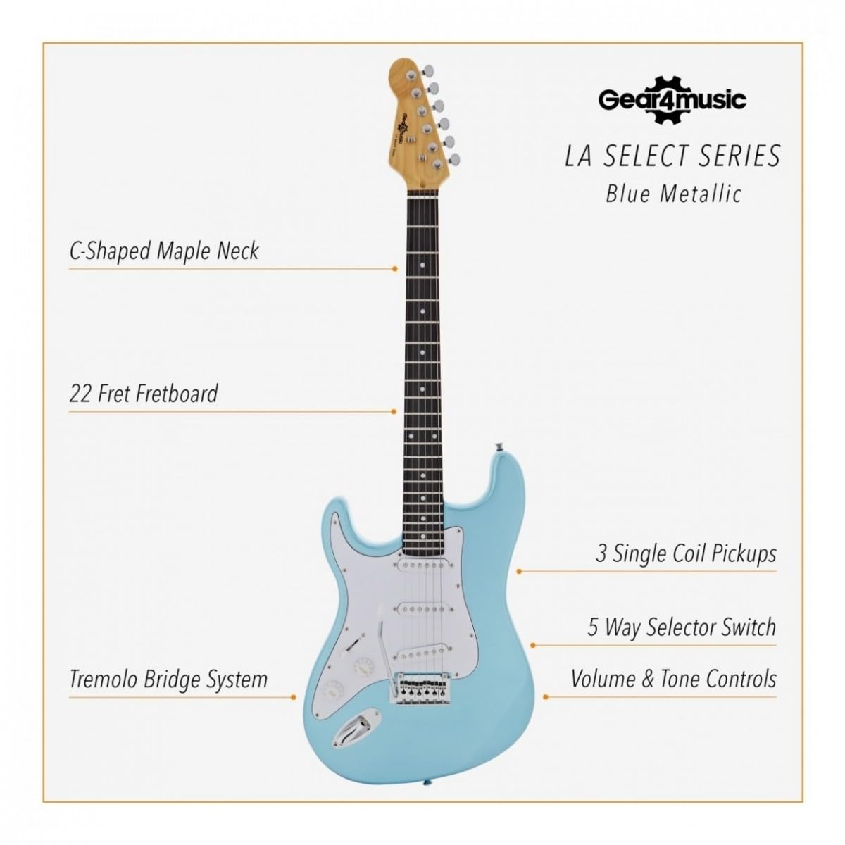 Guitare électrique pour gaucher Taille standard + courroie, sacoche, médiators, câble, bleu métallisé