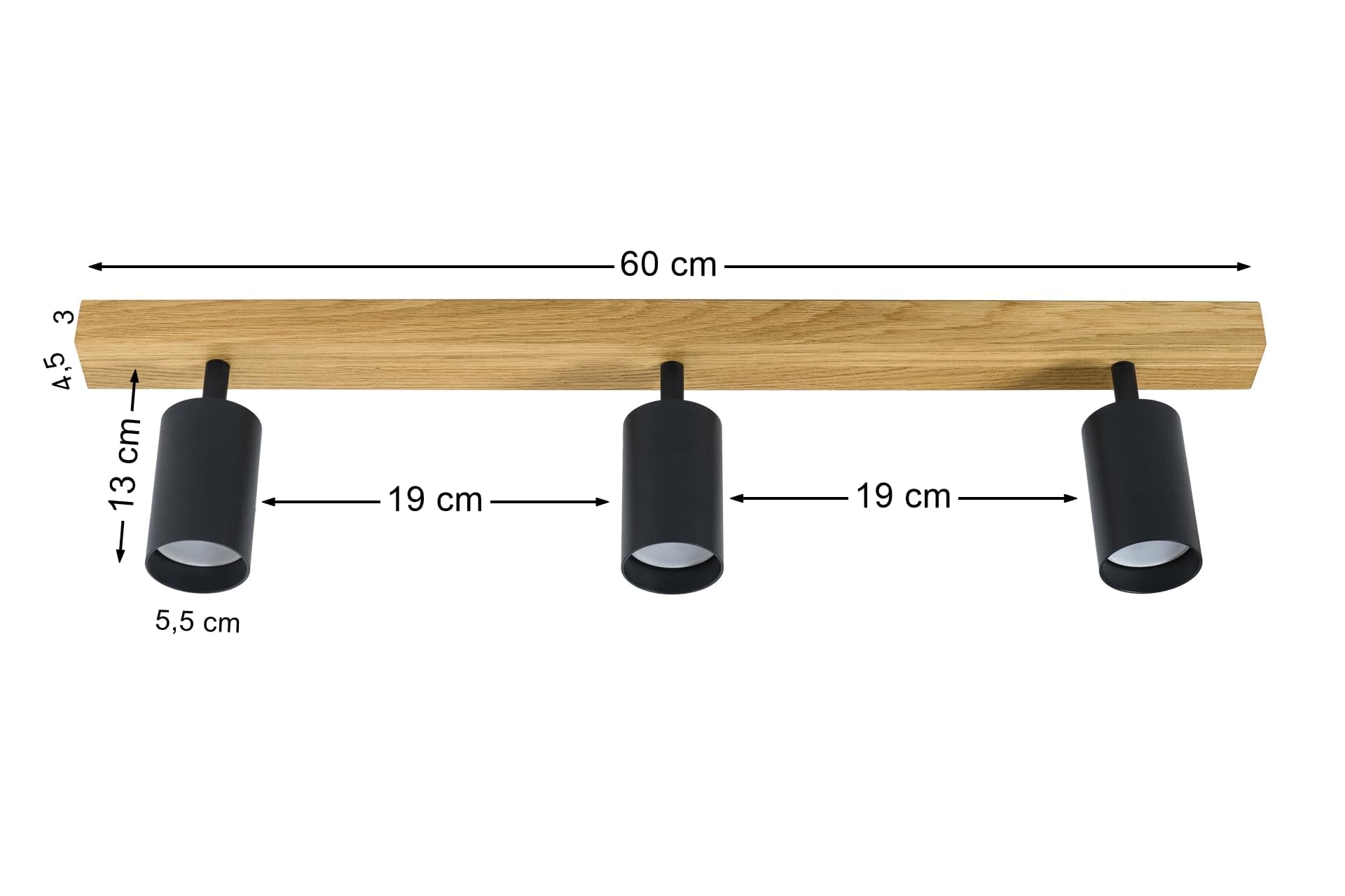 LED Wood Obrotowy reflektor sufitowy na 3 żarówki - Ręcznie robiona nowoczesna lampa sufitowa z dębu - Lampka sufitowa ze strumieniami światła GU10 do salonu (bez żarówki) - Długość 60 cm