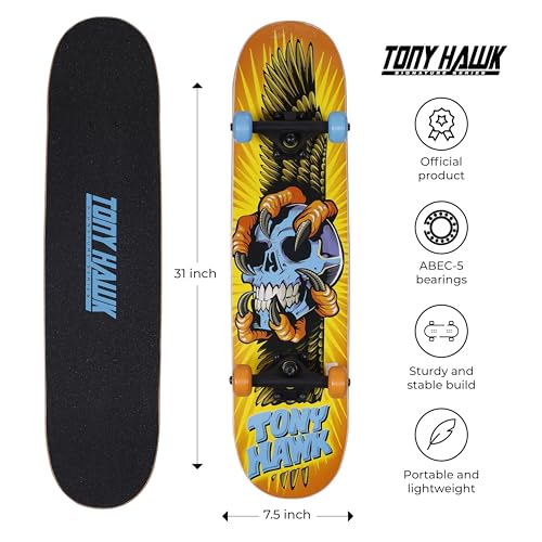 Image of Tony Hawk 31 inch Skateboard - Signature Series 1 Skateboard with Pro Trucks, Full Grip Tape, 9-Ply Maple Deck, Ideal for All Experience Levels