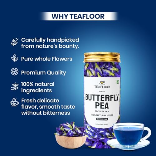Image of TEAFLOOR Pure Dried Butterfly Pea Flower Tea, 100% Natural Herbs, Caffeine Free,Suitable as Iced Teas, Coolers and Cocktails Horeca, Net Weight 30g, 60 Tea Cups