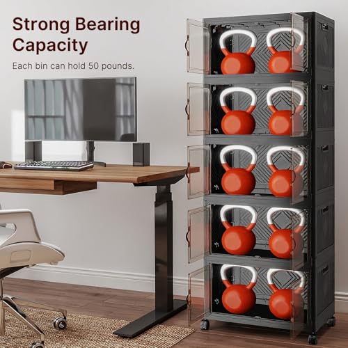 Image of UAMFURI Stackable Storage Bins with Lids, 240QT Lockable Storage Cabinet | Folding Storage Box with Doors and Wheels, Collapsible Plastic Drawers for Home, Garage, Office