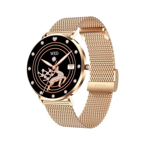 Deedlite Meacode Smart Watches for Women avec Appel Bluetooth, Suivi Santé 24/7, Design Ultra-Fin 6.8mm IP68 (Or Rose + Ceinture en Acier)