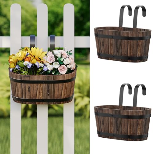 Wooden Railing Planters, 2-Pack Hanging Flower Pots with Drainage Holes
