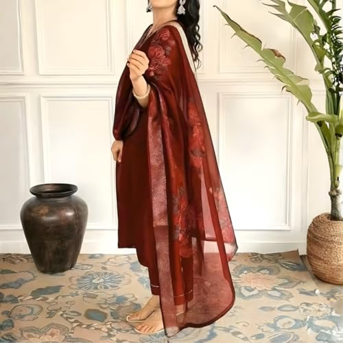 Image of Womens Magic Cotton Kurti Pant Dupatta Set | Three-Quarter Sleeve Ethnic Kurta Pant & Dupatta Set (Size - XXL, Maroon)