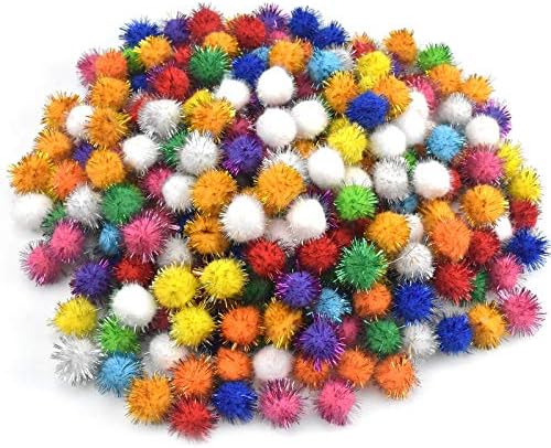 Changrongsheng 300 Pieces Glitter Pompoms Balls Tinsel Pom Pom Cat Pompom Balls Cat Interactive Toy Soft Kitten Toy Colourful Pompom for Pet Game Kids Art Craft Material, 25 mm