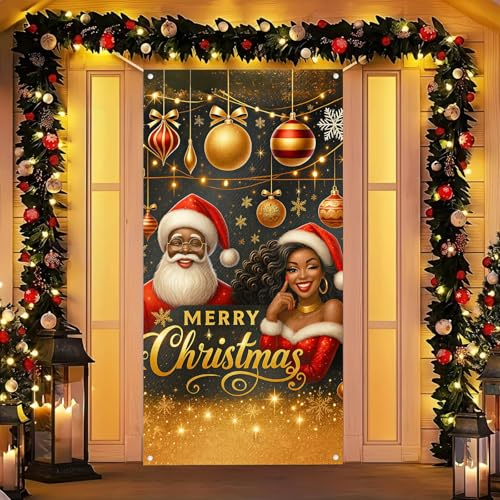 Image of BlissYard Holiday Door Cover Black Santa Mrs Claus 35x71 Inch Polyester