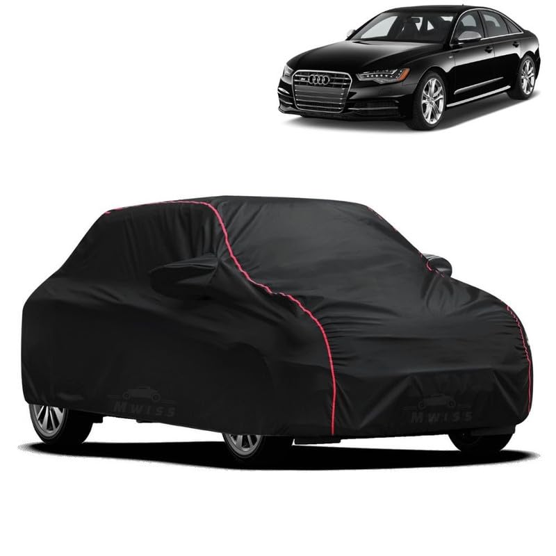 Image of Waterproof Car Cover for Audi S6 | All-Weather Protection, Dustproof & UV Resistant | Triple Stitched Mirror Pockets, Windproof Buckle Strap with Elastic Hem, Black-Red Piping