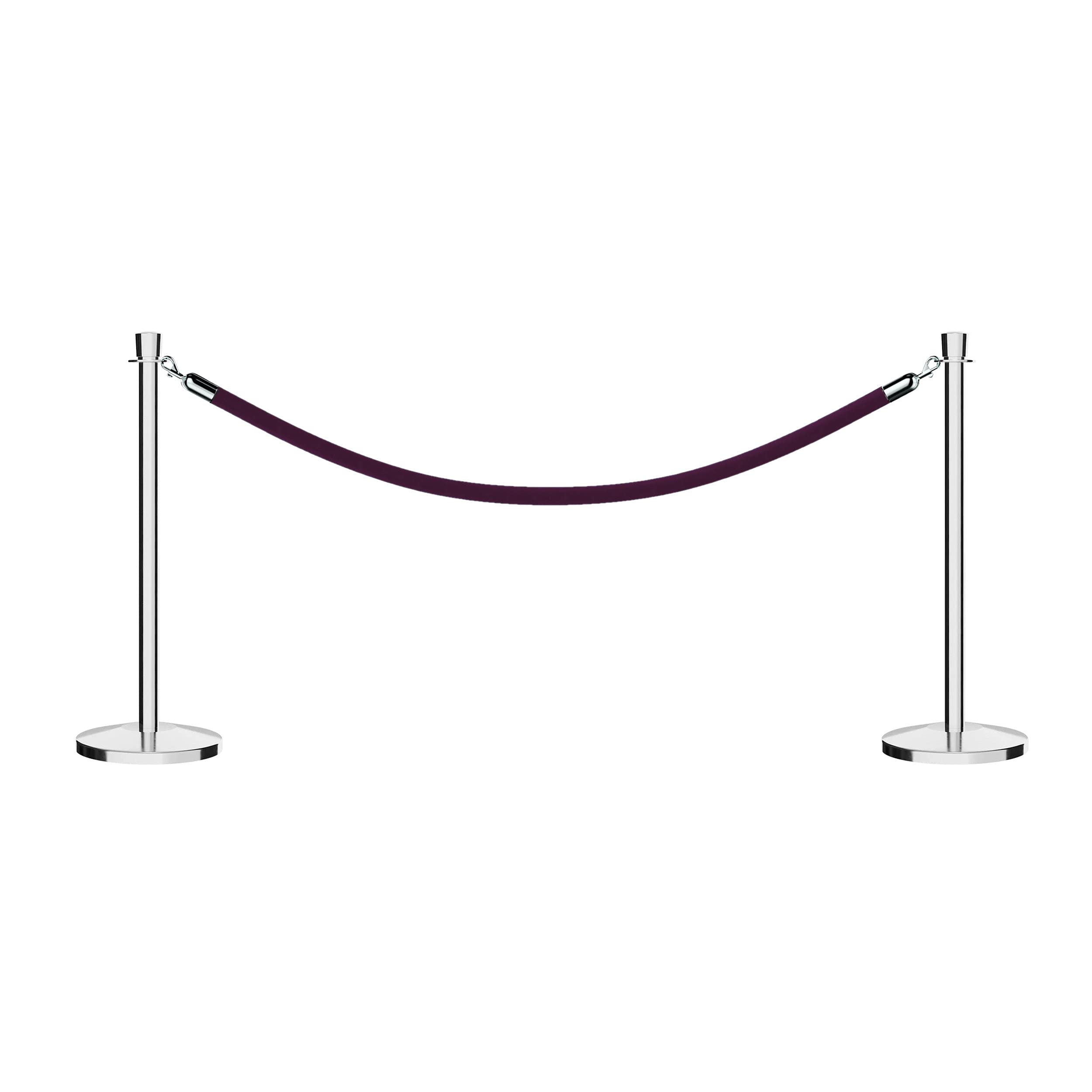 CCW Post and Rope Stanchion Kit with 2 Polished Stainless Steel Crown Top Posts and 1 Purple Heavy Duty Velvet Cotton Core Rope (6ft.) in Polished Stainless Snap Ends
