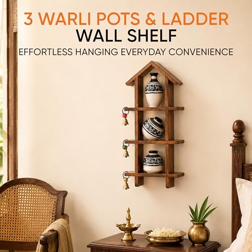 Image of AAKRITI ART CREATIONS Warli White Pots Wooden Wall Ladder Decor
