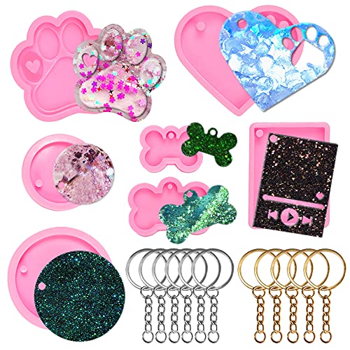 7 Pcs Resin Keychain Molds, AFUNTA Resin Silicone Mold Bear Paw Shape, Dog Bone Shape, Round, Heart, MP3 Shape Keychain Mold with 10 Key Rings, for DIY Keychain Pendant Craft, Chocolate, Candy