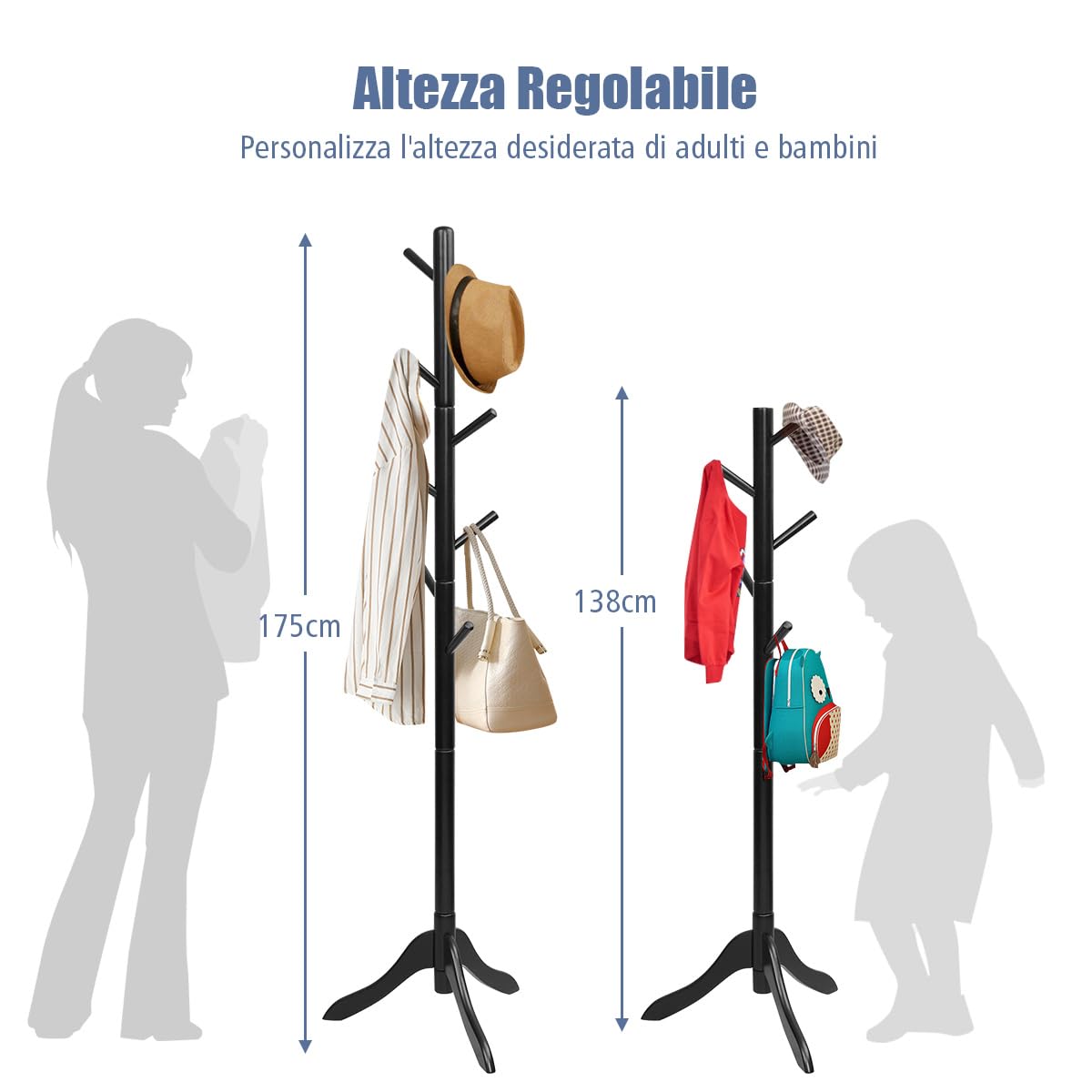 COSTWAY Attaccapanni in Legno, Attaccapanni da Terra con 8 Ganci Regolabili in Altezza, Albero Porta Abiti per Camera da Letto Soggiorno Ingresso e Ufficio, Carico 56 kg (Nero)