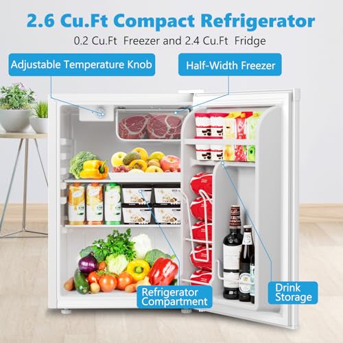 Image of COWSAR 2.6 Cu.Ft Dorm Fridge with Freezer, Single Reversible Door Compact Refrigerator, Adjustable Thermostat, 2 Removable Shelves, Commercial Drink Fridge for Bedroom, Office, Kitchen, Dorm, White