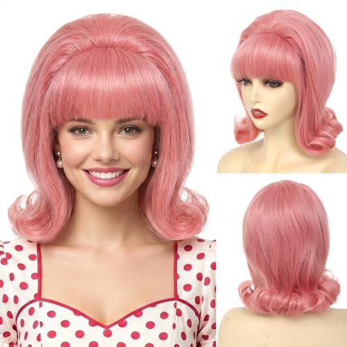 Detean Pink Short Bob Wig with Bangs for Women 60s 70s Retro Beehive Bouffant Wigs Vintage Costume Wig for Halloween Party Cosplay Fun Wig Shoulder length (Pink 97C#)