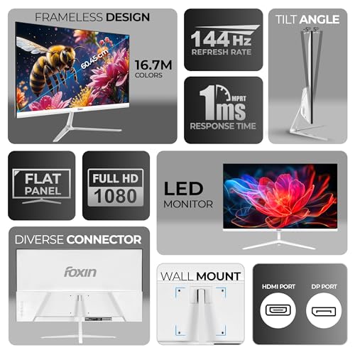 Image of Foxin Elite Ultra 24 Inch FHD Flat LED Monitor 1920x1080 Pixel Elite Series | 144Hz Refresh Rate, Built-in Speakers, HDMI & DP Port, Frameless, Wall Mountable, Slim | 3 Yrs Warranty | White